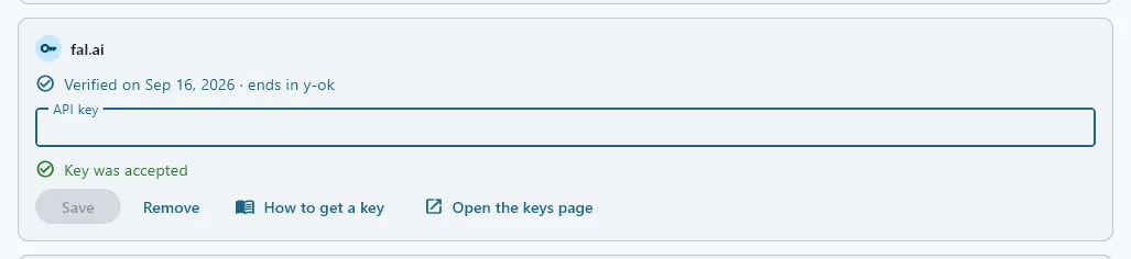 The fal.ai card after Save: Verified on the date with the key’s last four characters, the box empty again, and a green Key was accepted line under it