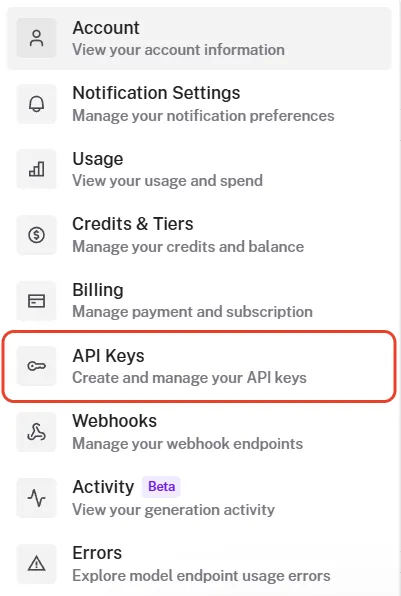 fal’s Settings menu: Account, Notification Settings, Usage, Credits &amp; Tiers, Billing, then API Keys, Create and manage your API keys, outlined in red, followed by Webhooks, Activity and Errors