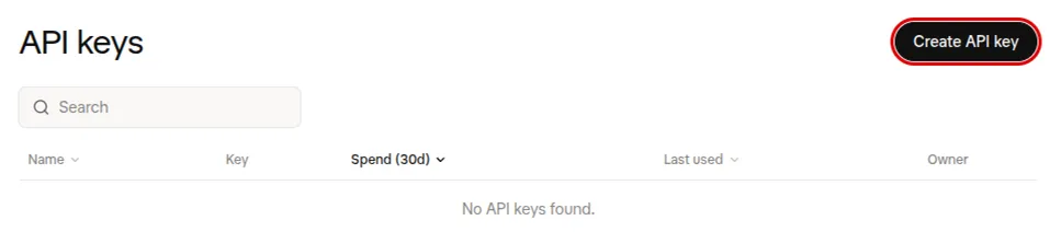 xAI’s API keys page: an empty list with columns for Name, Key, Spend (30d), Last used and Owner, and the Create API key button outlined in red