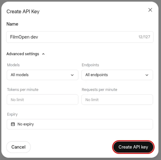 xAI’s Create API Key form: named FilmOpen dev, Advanced settings open with All models, All endpoints, no limit on tokens or requests per minute and No expiry, and the Create API key button outlined in red