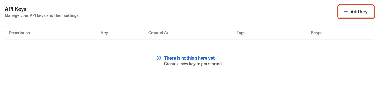 fal’s API Keys page: Manage your API keys and their settings, the Add key button outlined in red, and an empty list with columns for Description, Key, Created At, Tags and Scope