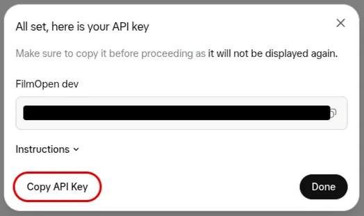 xAI’s All set, here is your API key window: the key blacked out, a warning that it will not be displayed again, the Copy API Key button outlined in red, and a Done button