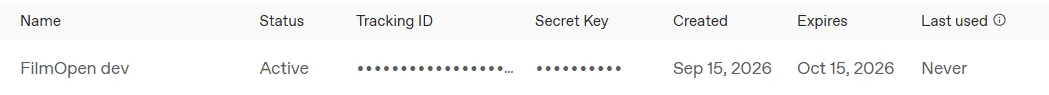 The new key in OpenAI’s list: FilmOpen dev, Active, created 15 September 2026, expiring 15 October 2026 and never used, with its tracking ID and secret hidden