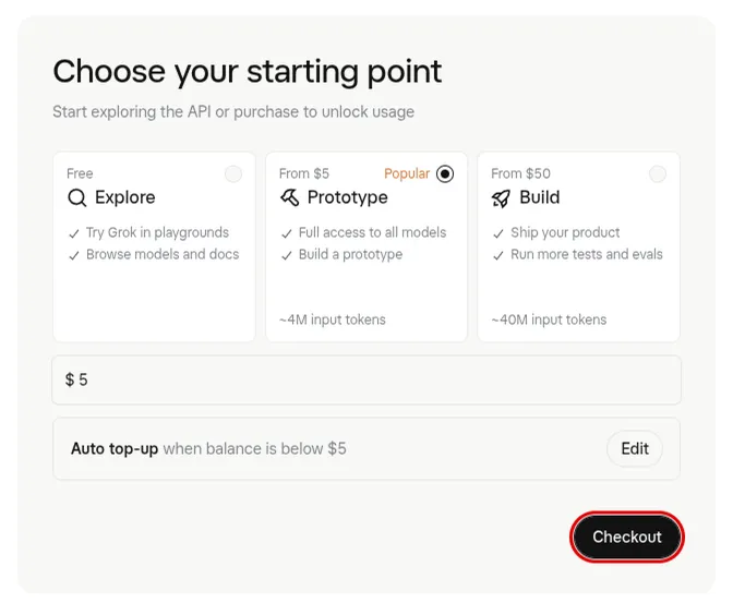 xAI’s Choose your starting point page: the Explore, Prototype and Build cards with Prototype chosen, $5 in the amount box, Auto top-up when balance is below $5, and the Checkout button outlined in red