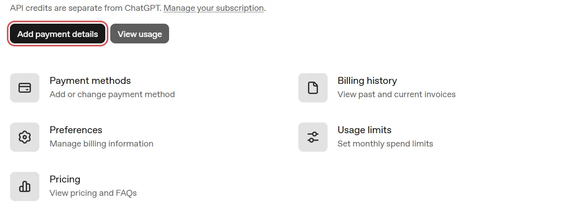 OpenAI’s Billing page: the Add payment details button outlined in red, above links to payment methods, billing history, preferences, usage limits and pricing