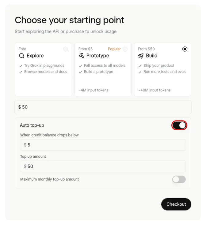 The Auto top-up settings open under Build and $50: the switch outlined in red and on, $5 in When credit balance drops below, $50 in Top up amount, and Maximum monthly top-up amount switched off