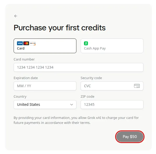 xAI’s Purchase your first credits page: Card chosen over Cash App Pay, empty boxes for the card number, expiration date, security code and ZIP code, United States as the country, and the Pay $50 button outlined in red