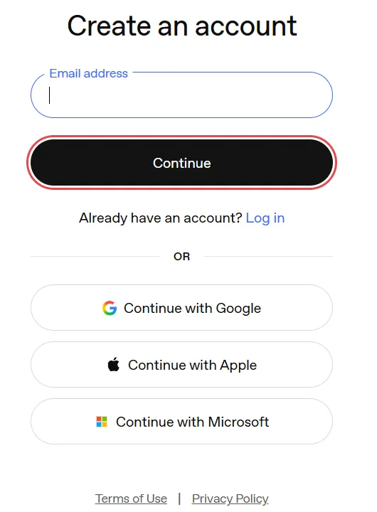 OpenAI’s Create an account page: an Email address box, the Continue button outlined in red, and buttons to continue with Google, Apple or Microsoft