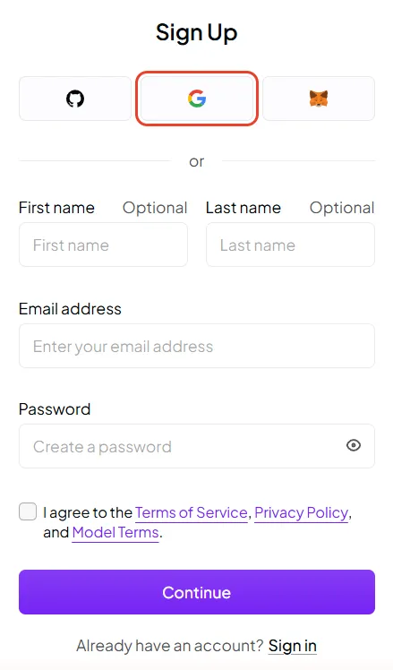OpenRouter’s Sign Up card: logo buttons for GitHub, Google (outlined in red) and MetaMask, boxes for an optional first and last name, an e-mail address and a password, a box to tick for the terms, and the Continue button