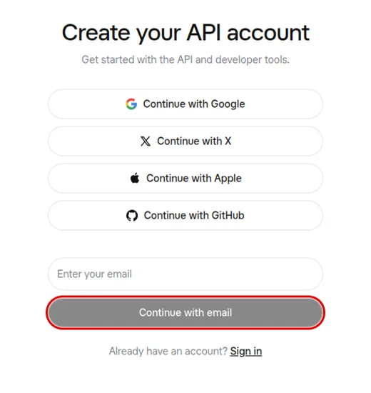 xAI’s Create your API account page: buttons to continue with Google, X, Apple or GitHub, an Enter your email box, and the Continue with email button outlined in red