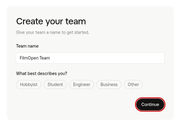 xAI’s Create your team page: FilmOpen Team in Team name, the five choices under What best describes you, and the Continue button outlined in red
